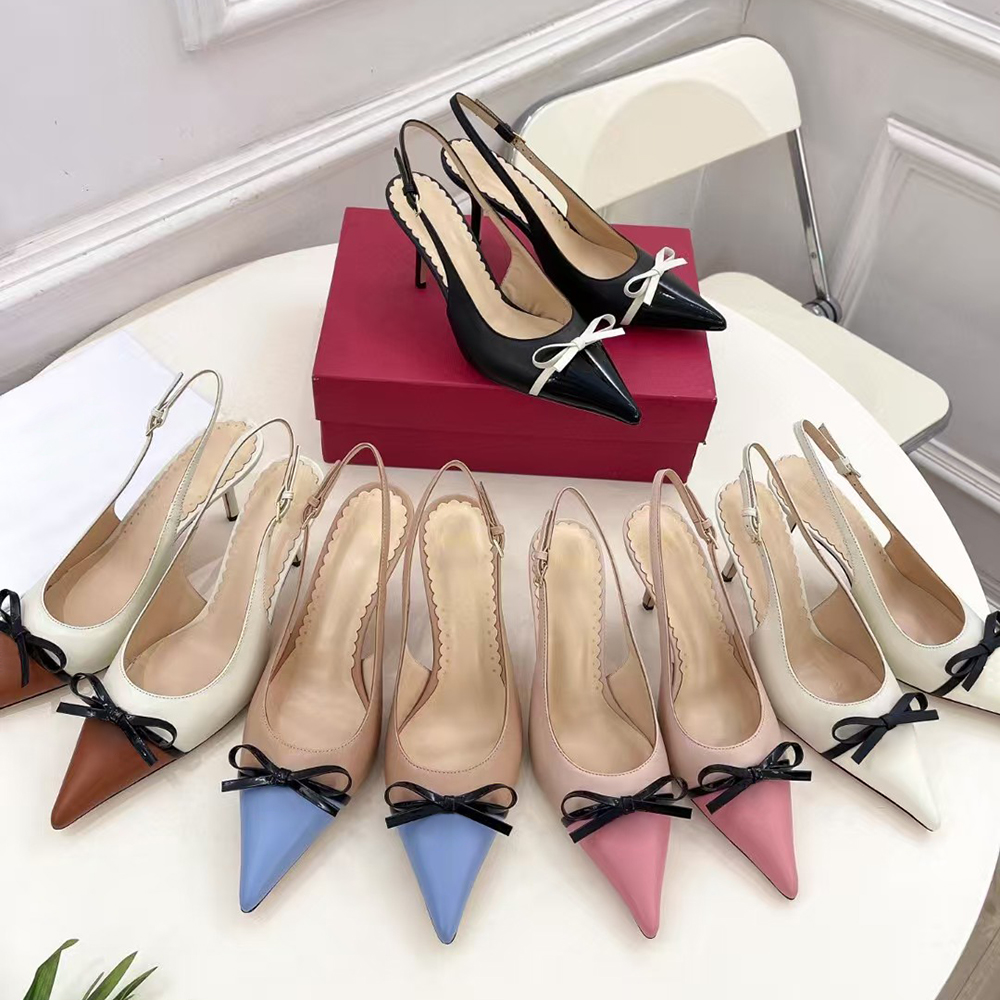 Spring and summer fashion Pointed Toes stiletto heel sandals Genuine leather bow women's slingbacks evening shoes Luxury designer high heels Factory footwear