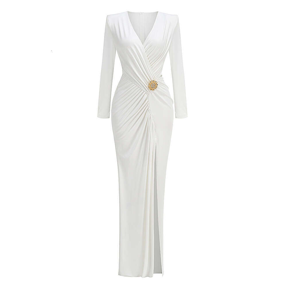White Skirt Maxi Skirt Women S Sexy V Neck Hollow Out Ruched Metal Buckle Slit Sleeve French Style Long Dress Gown Long Skirt