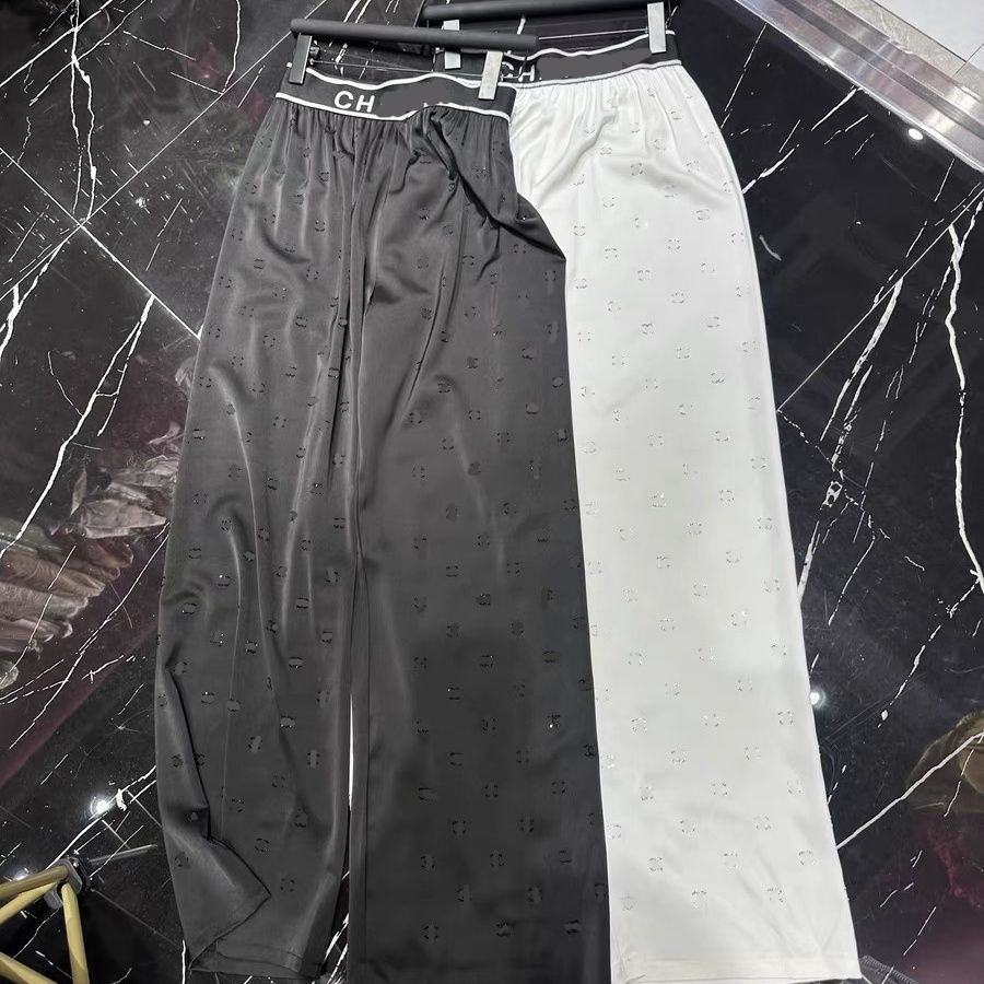 New designer women summer cool logo letter print elastic band high waist loose wide leg satin fabric rhinestone shinny bling long pants SMLXL