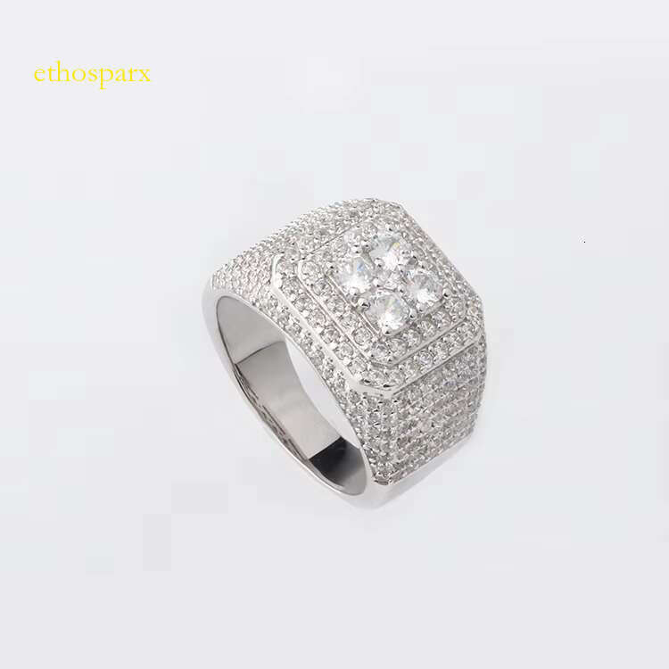 Lucky Hiphop Men's and Women's Boutique Jewelry Pure Silver Iced Square VVS Sandstone Ring with GRA Certificate