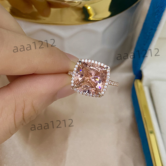 925 Sterling Silver Princess Halo Cubic Zirconia Simulated Morganite Ring Rose Gold Pink Morganite Engagement Rings