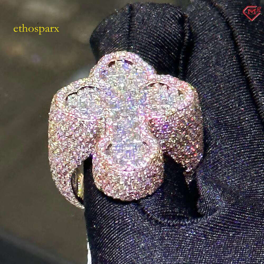 Men's Rap Singer Hip Hop Cross Pure Silver French Stick VVS Sandstone Ring