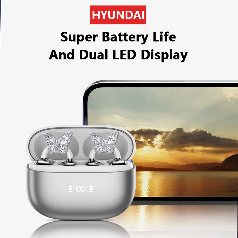 DHgargets HYUNDAI Clipbuds7 Butterfly Earrings Ear Clip - LED Display, Bluetooth 5.4, Dual-Mic Noise Reduction, Sports Earbuds with Smart Features
