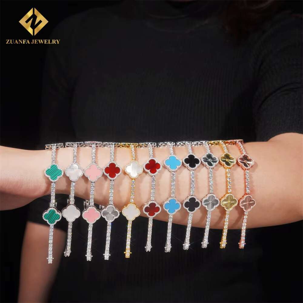 Hot Sale Multi Color Lucky Four Leaf Clover Chains 925 Silver Jewelry Iced Out 3mm VVS Moissanite Diamond Tennis Chain Bracelet