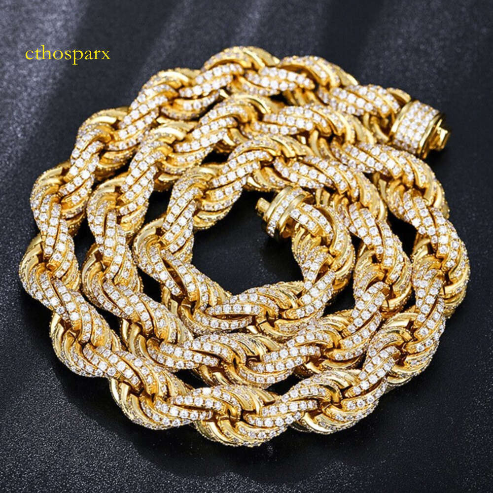 12mm Moissanite Dia Twist Rope Chain Sterling Sier Hiphop Iced Out Bling Rappers