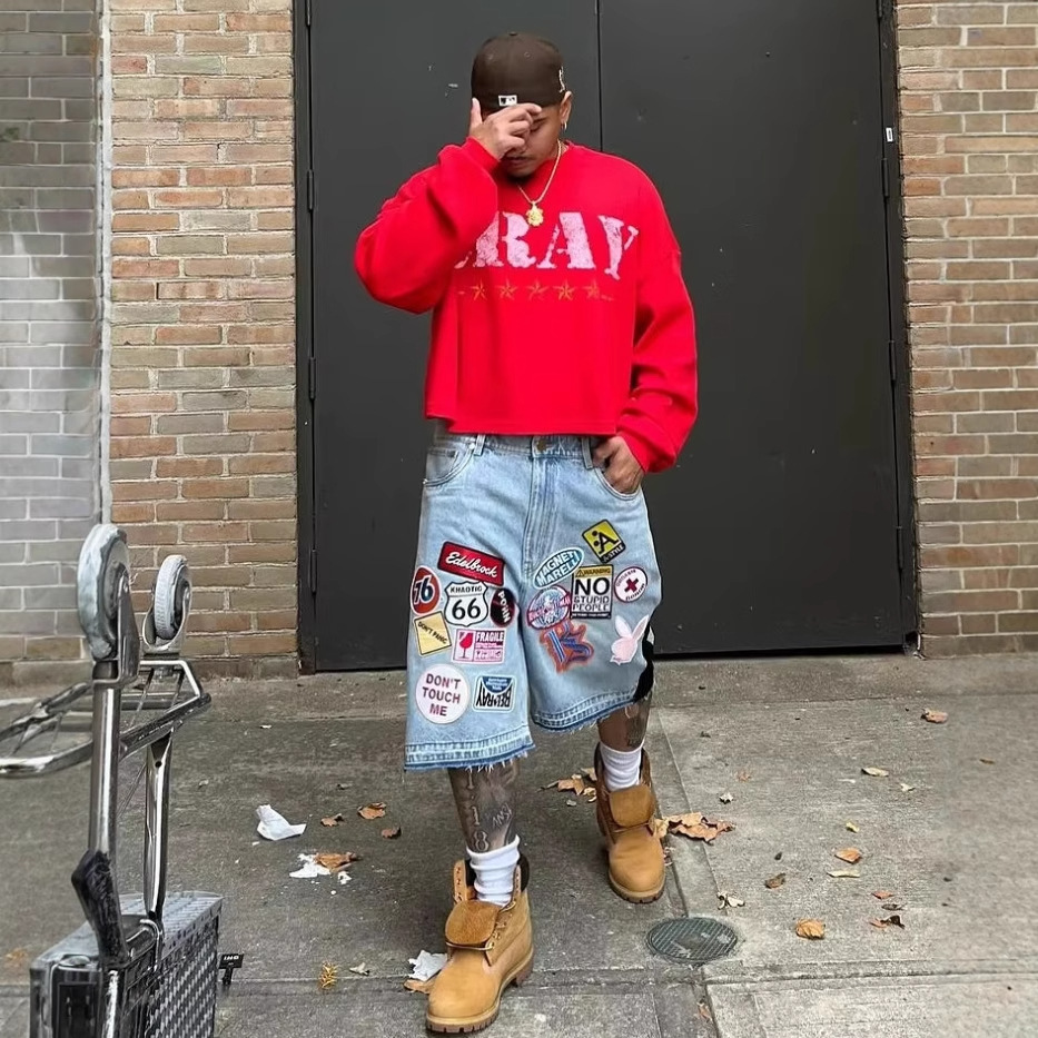 Men's Shorts Jeans Men Women Hip Hop Cartoon Graphics Streetwear Retro Patchwork Denim Short Blue Loose Fitness Casual
