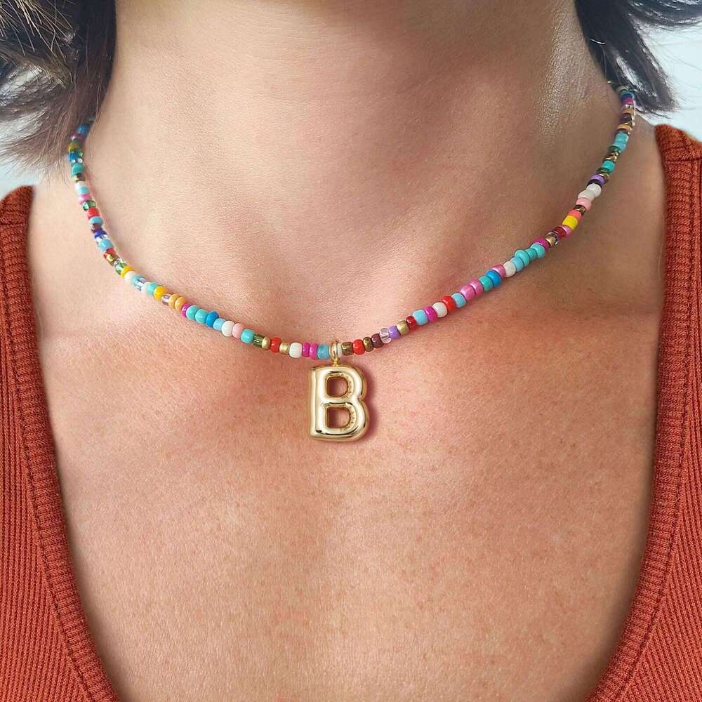 New Hot Sale Stainless Steel Personality Sweet Cool Style Colorful Bead Chubby Pendant 26 Letters Women's Necklace