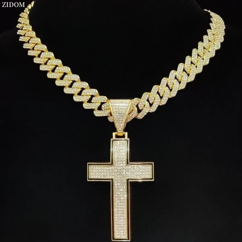 Men Women Hip Hop Cross Pendant Necklace with 14mm Cuban Chain Hiphop Iced out pendants Necklaces Fashion Punk Jewelry Gifts 250628