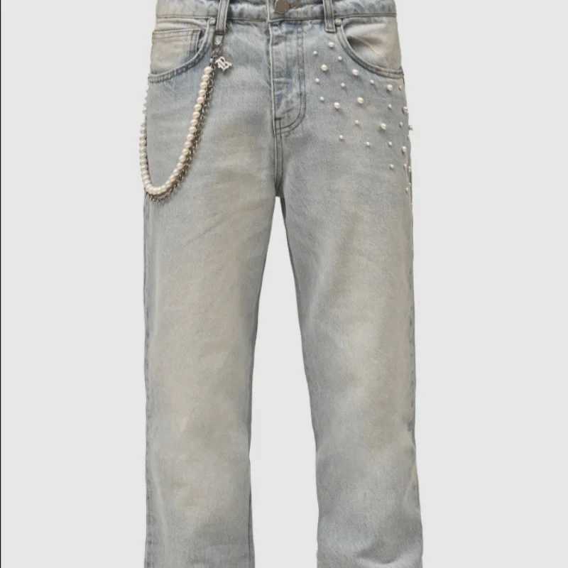 2025 New mens denim European and American street fashion Instagram hot item elastic stacked denim straight leg pants W250701 W250701