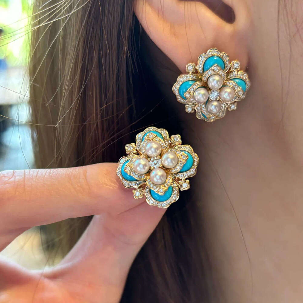 Palace Style Pearl Turquoise Inlaid Dia New 2024 Exquisite High-end Niche Unique Earrings
