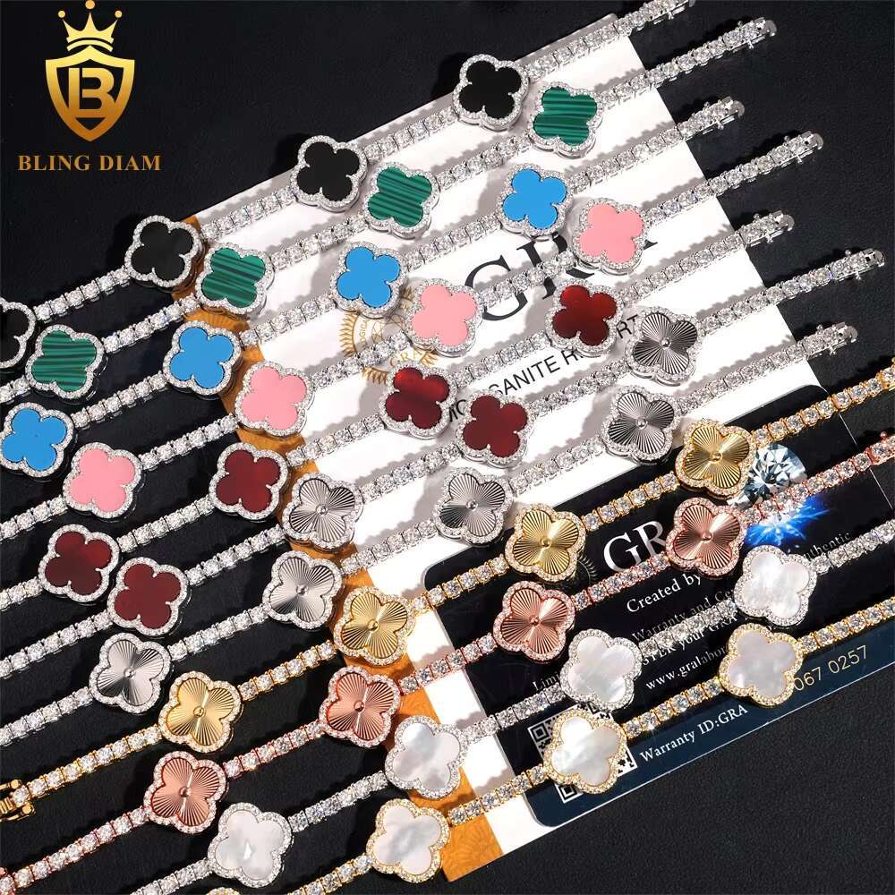 Fashion Flower Clover Leaf Moissanite Tennis Chain Moissanite Bracelet 925 Silver 3mm Moissanite Bracelet Pass Diamond test