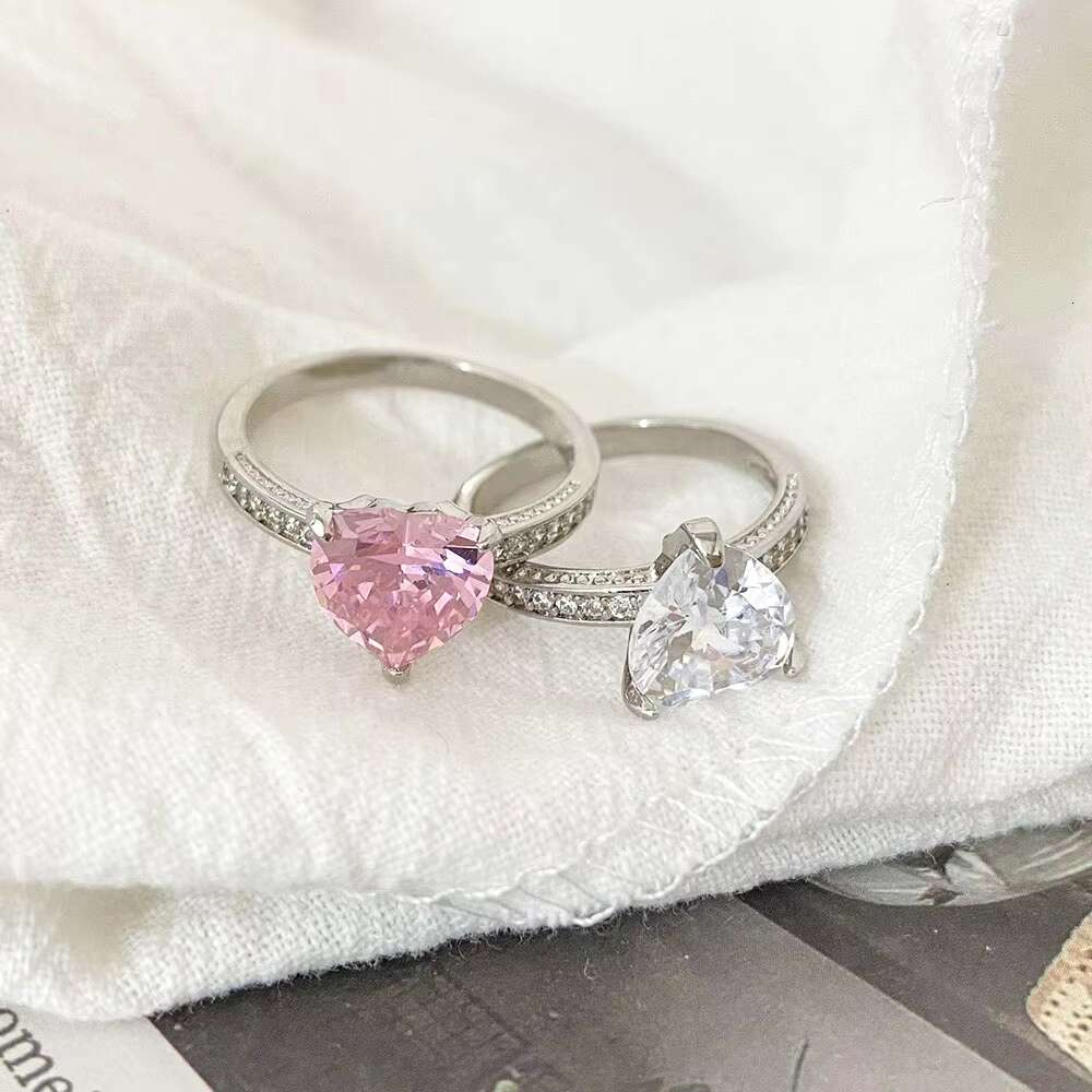 Luxury Cubic Zirconia Heart Shape Pink Engagement Ring Classic Iced Out CZ Heart Silver Ring S925 Ready to Ship