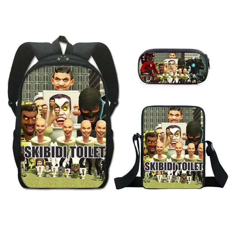 Hip Hop Novelty skibidi toilet 3D Print 3pcs/Set pupil School Bags Laptop Daypack Backpack Inclined shoulder bag Pencil Case