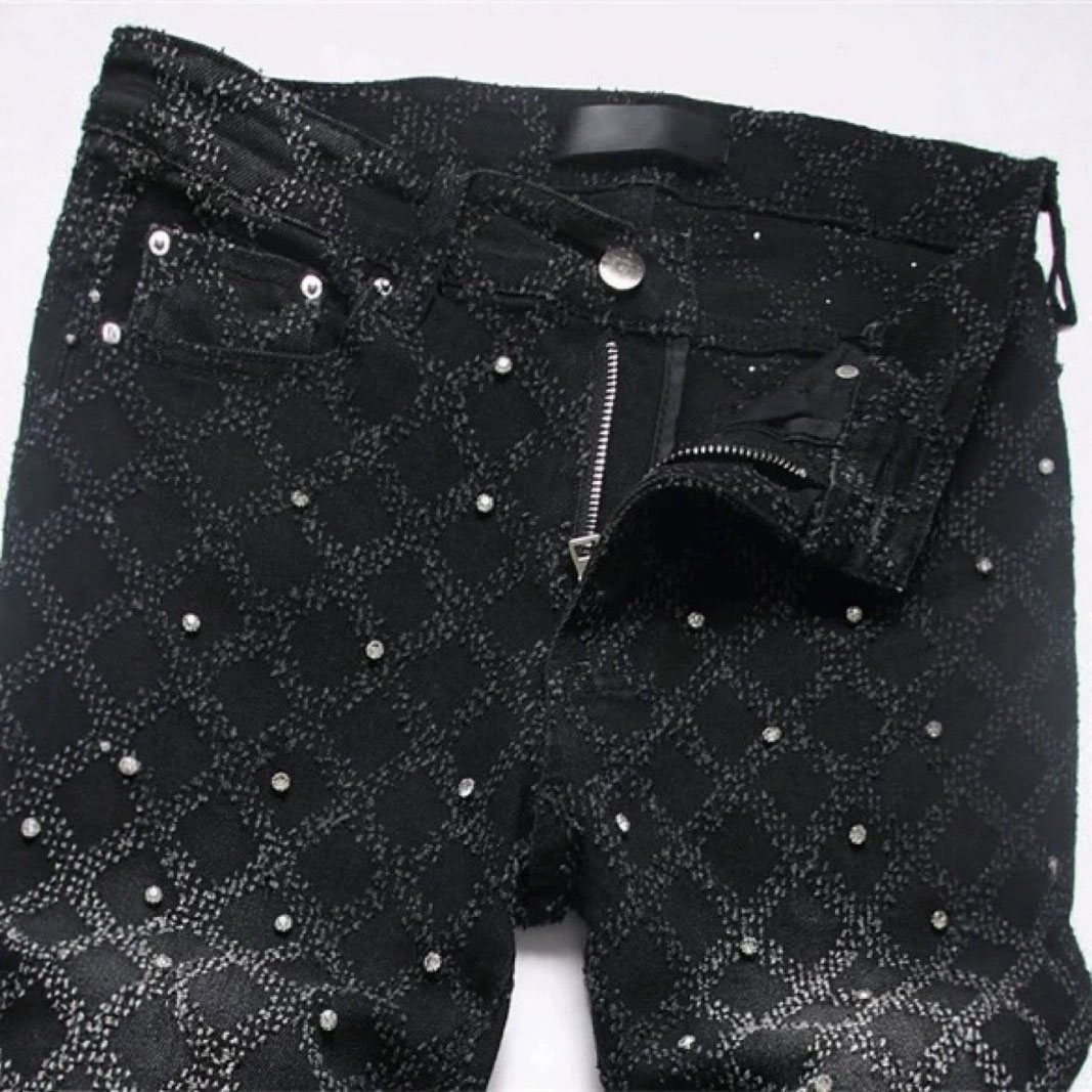 Mens Jeans Designer Light Luxury Starry Sky High Version Jeans Mens Diamond Black Slim Fit Jeans Elastic Rivet Denim Pants Skinny Jeans