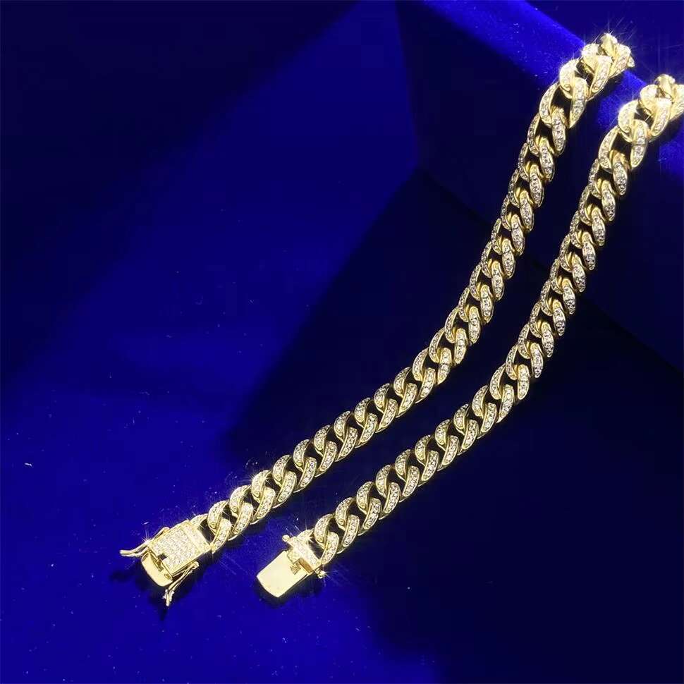 Hip Hop Iced Out Custom VVS Lab Diamond Mossinate 9mm Chain Men 14k Gold Vermeil Prong Cuban Link Chain Necklaces for Men
