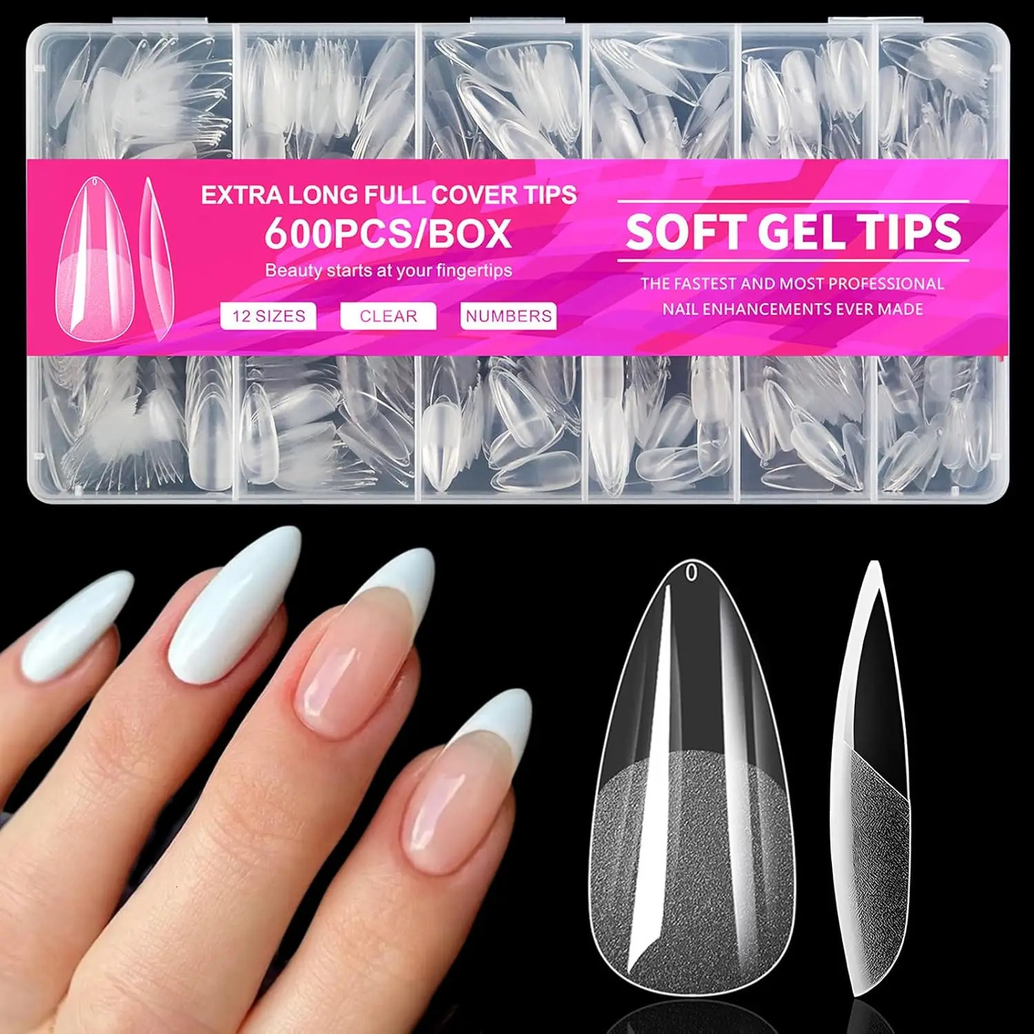 Medium 600pcs Almond Nail Tips Almond X Gel Nail Tips Clear Fake Nails Full Cover Acrylic Nails Tips for Extension Nail 250701