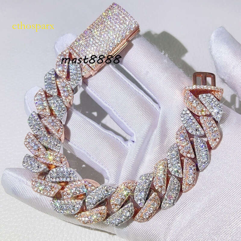 Guangzhou Shining Jewelry 18MM Iced Out Rose Mix White Gold Color Sterling Sier Men VVS Moissanite Cuban Bracelet