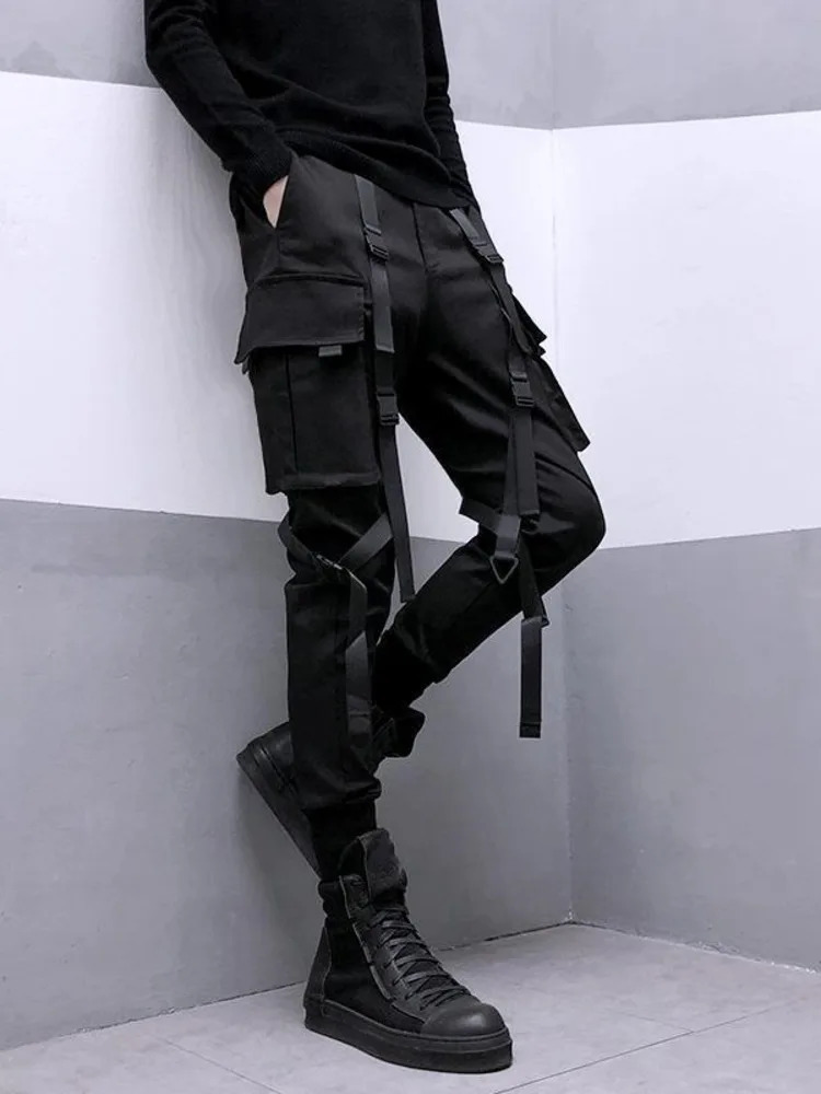 Fashion Darkwear Safari Style Webbing Spliced Boy Cargo Pants Men High Street Streetwear Elastic Waist Slim Tactical Techwear 250701