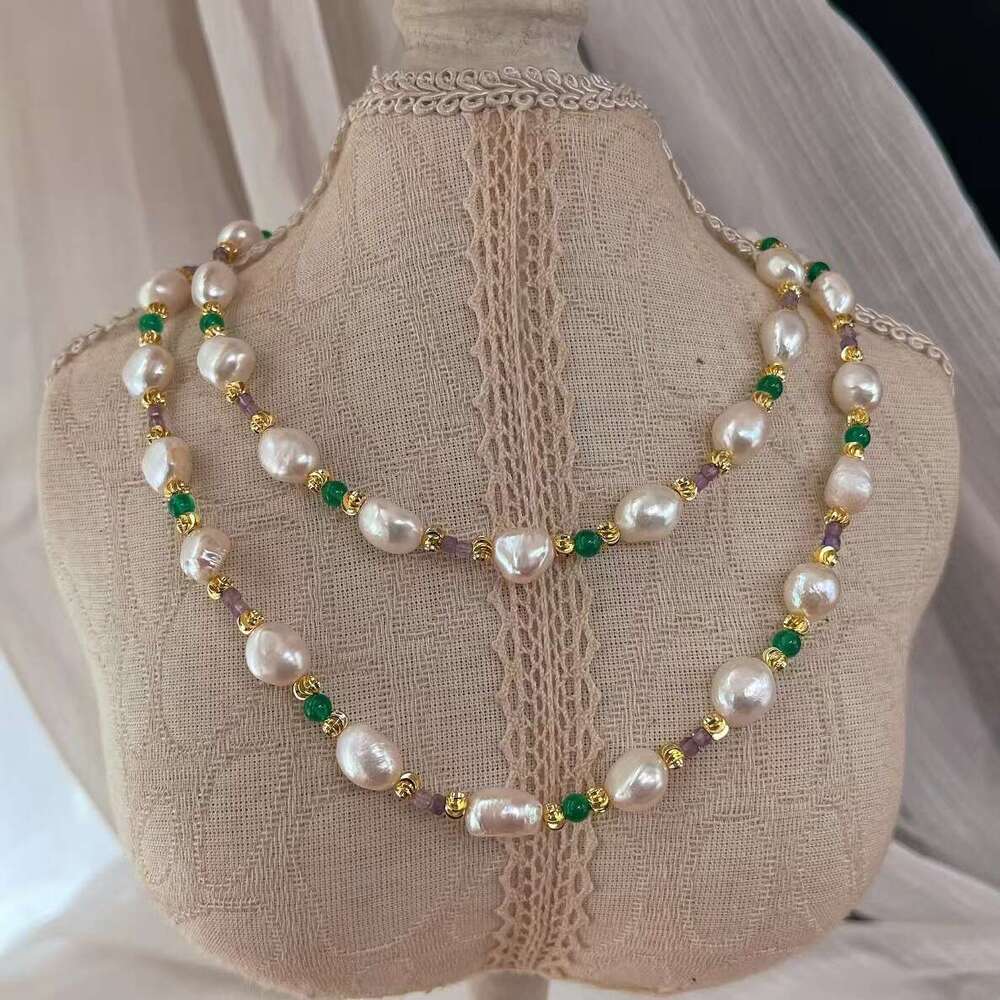 DHCollections Oriental Vintage Freshwater Pearl & Jade Crystal Beaded Necklace for Women & Girls