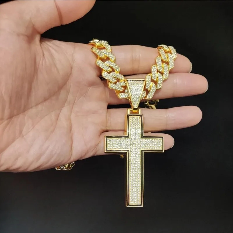 Men Women Hip Hop Cross Pendant Necklace with 14mm Cuban Chain Hiphop Iced out pendants Necklaces Fashion Punk Jewelry Gifts 250628