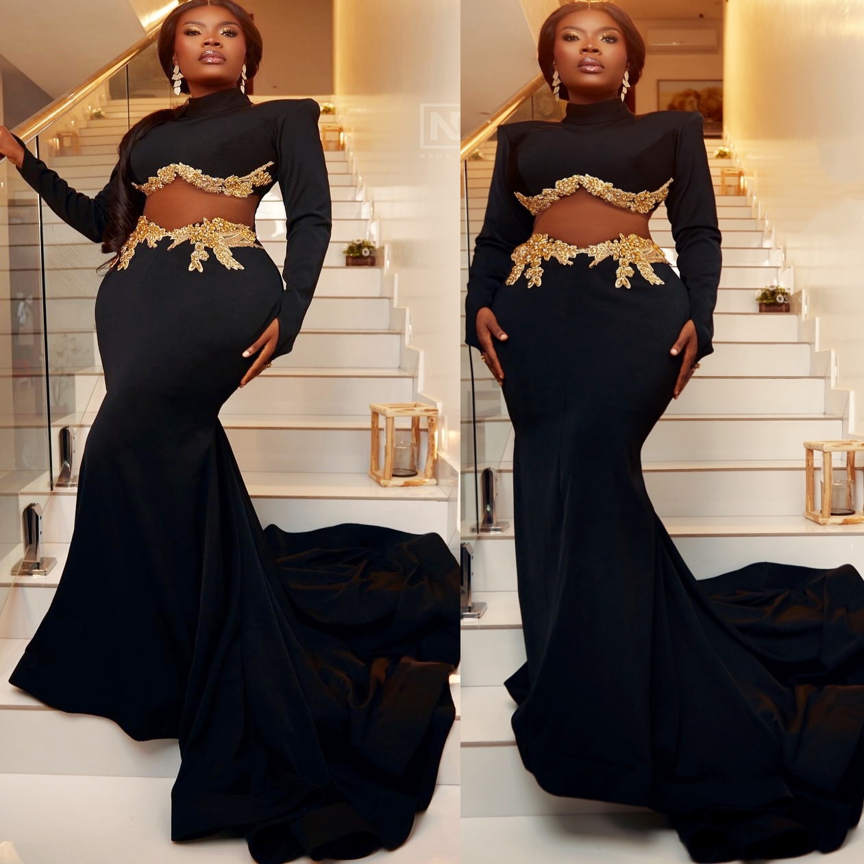 Mermaid Black Prom Dresses 2025 Crystals Satin Full Sleeves High Neck Evening Formal Party Second Birthday Engagement Gowns Plus Size Dress For Specia