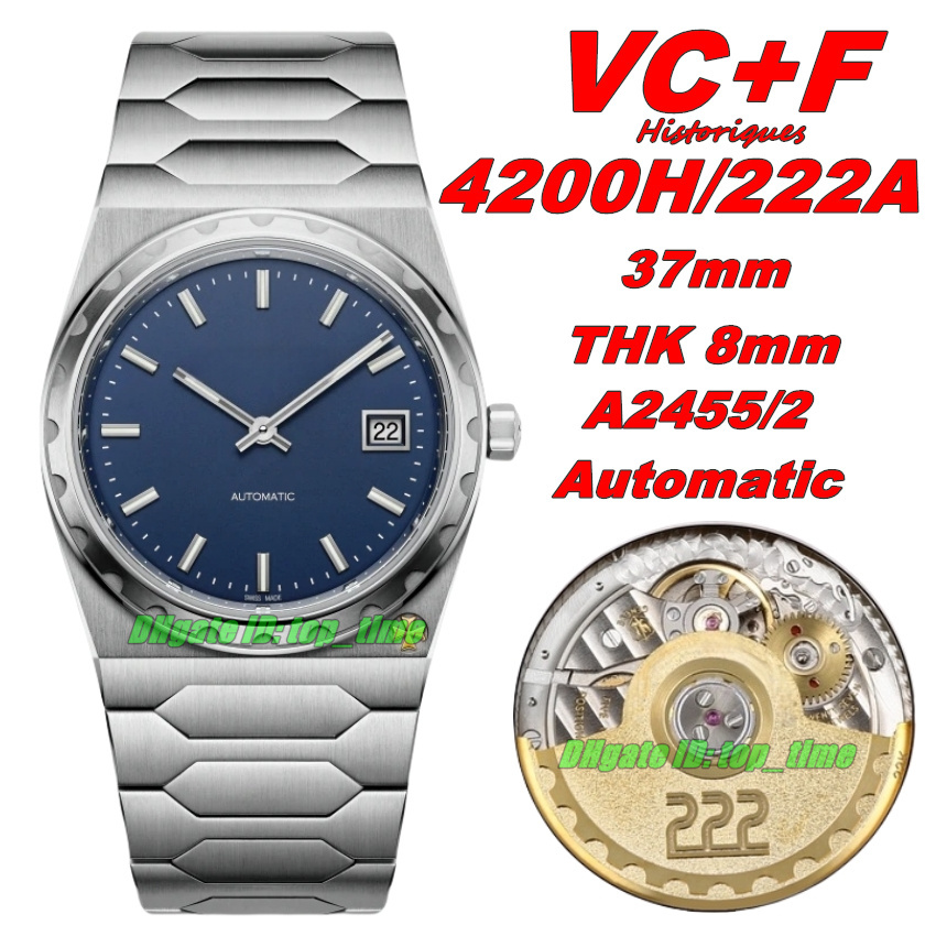 VC+F Luxury Watches 37mm Historiques 222 Cal.2455/2 Automatic Mens Watch Blue Dial Stainless Steel Bracelet Gents Wristwatches 4200H/222A-B934