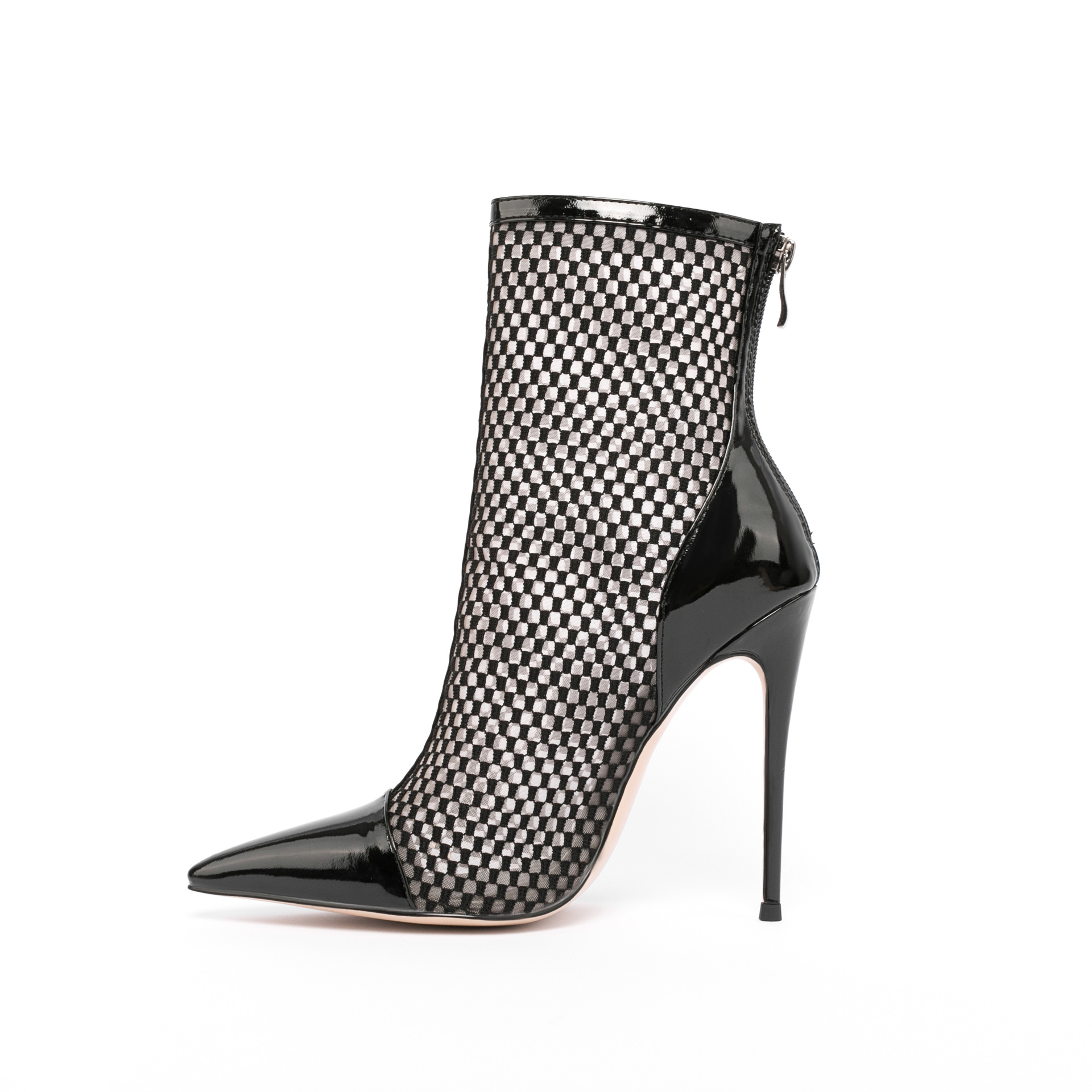 Women's Sheer Mesh and Lace Ankle Boots - Pointed Toe Color-Block Stiletto Heel Peep-Toe Booties, Back Zipper, Cut-Out Design