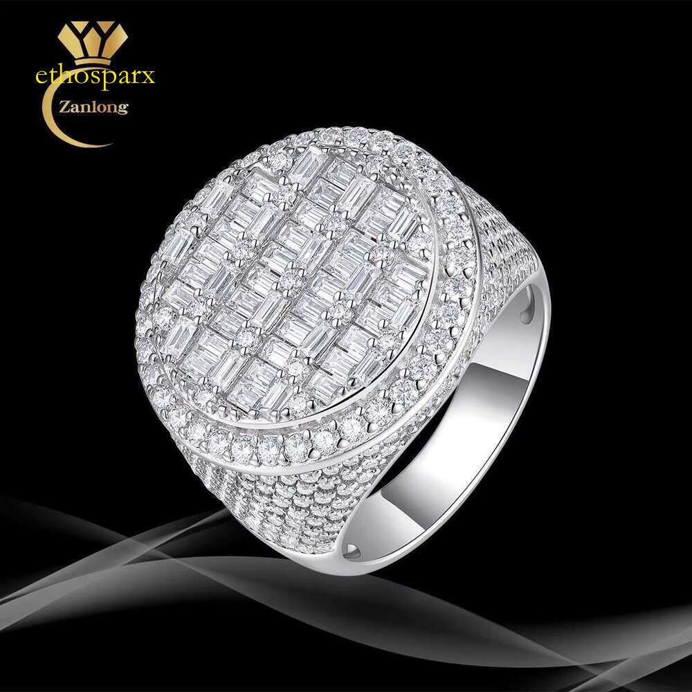 Full ice out long stick bread with sandstone ring S pure silver gold-plated men's hip-hop rapper jewelry
