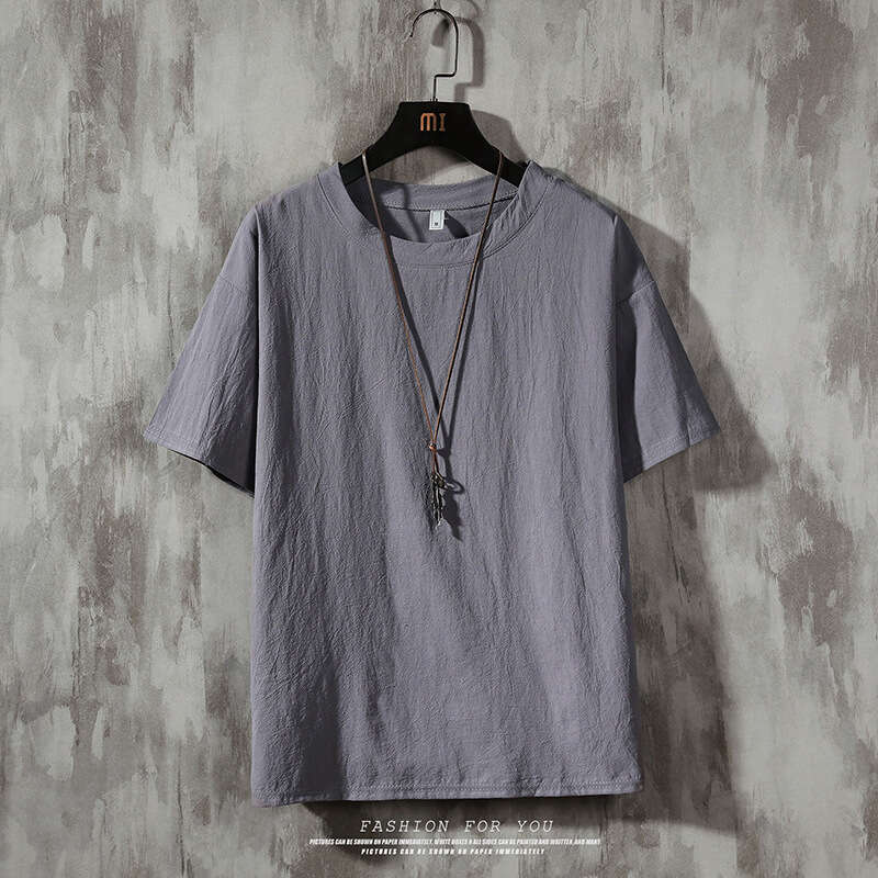 Men's men dress shirt up shirts Summer New Multi-Color Japanese Style Plus Size Loose Cotton Linen Solid Color T-Shirt Men's Casual Round Ne