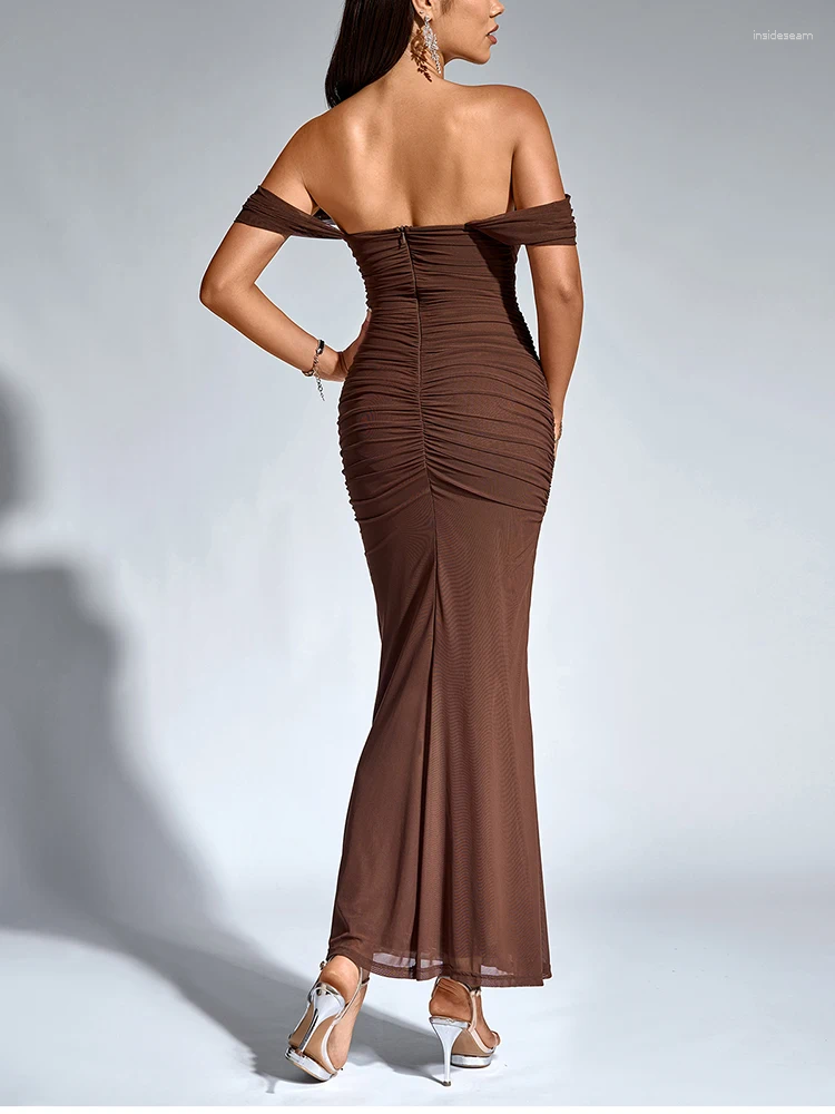 Elegant Off-Shoulder Maxi Dress: Ruched Mesh Corset Gown for Parties, Clubs & Special Occasions C260311