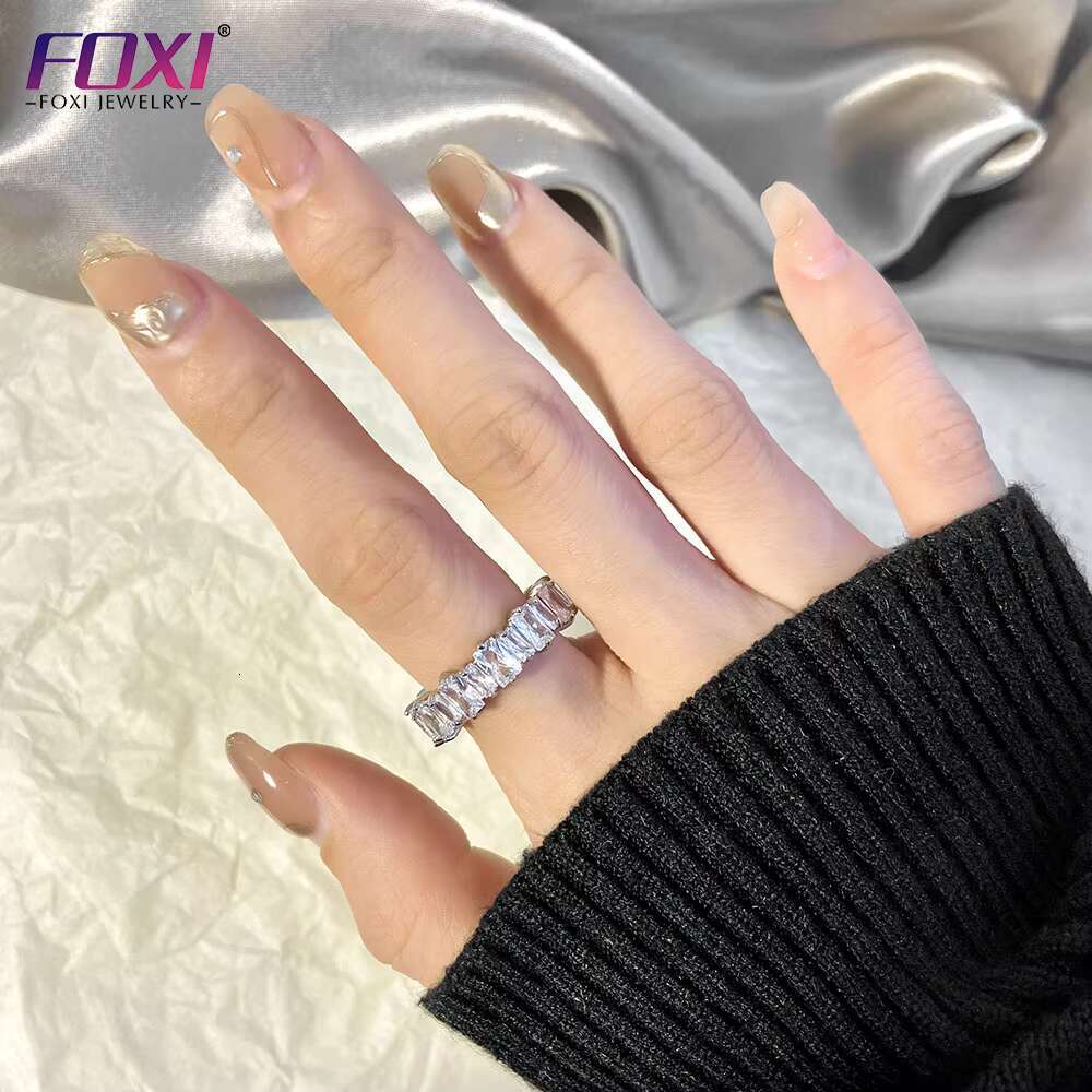 Classic Cz Baguette Eternity Band Engagement Ring 925 Sterling Silver Non Tarnish Full Iced Out Sparkle Emeral Cut Finger Ring