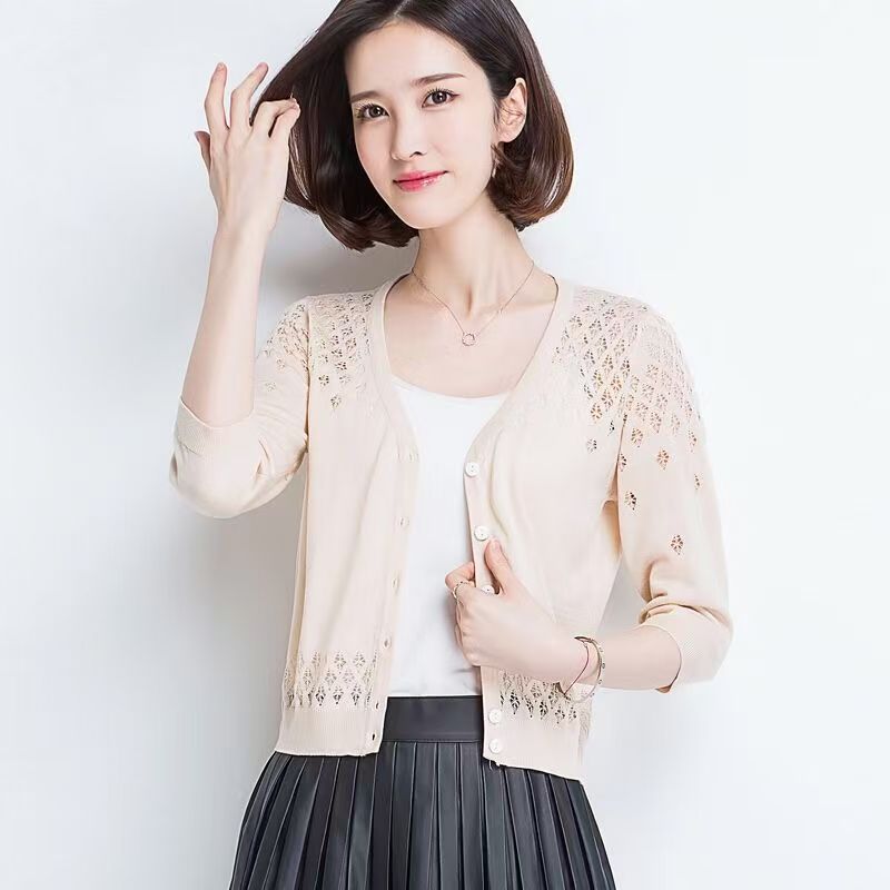 K1196 Sun protection cardigan suspenders inner wear thin knitted cardigan women's hollow Korean style short sun protection clothes all-match ice 