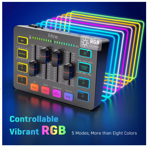 FIFINE Gaming Sound Card with 4-Channel RGB Mute/Voice Change Buttom,Streaming Audio Mixer for XLR Mic Podcast AmpliGame-SC3