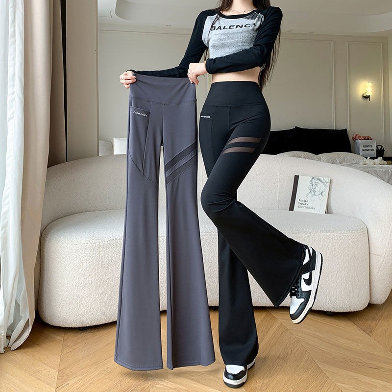 Women's High-Waisted Mesh Pocket Flare Pants - Thin Cut-Out Shark Design, Hip-Lift Shaping Yoga Trousers