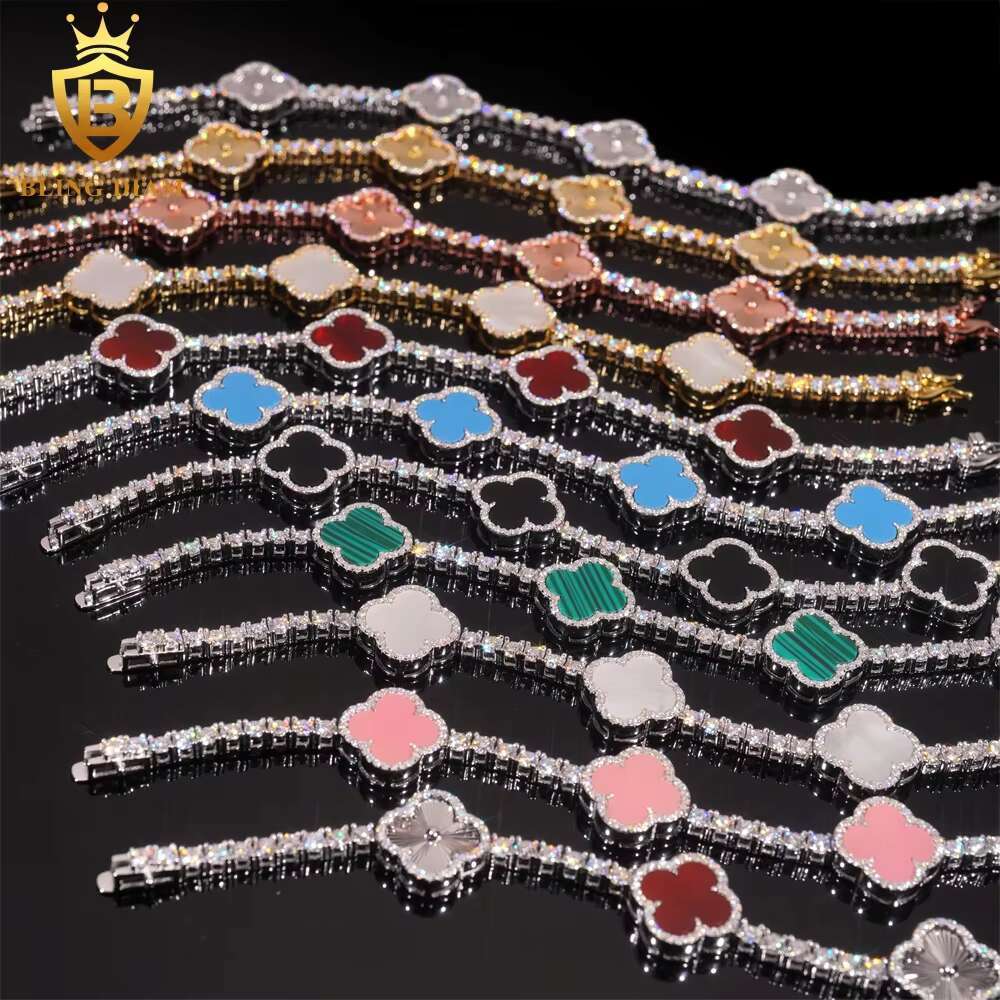 Fashion Flower Clover Leaf Moissanite Tennis Chain Moissanite Bracelet 925 Silver 3mm Moissanite Bracelet Pass Diamond test