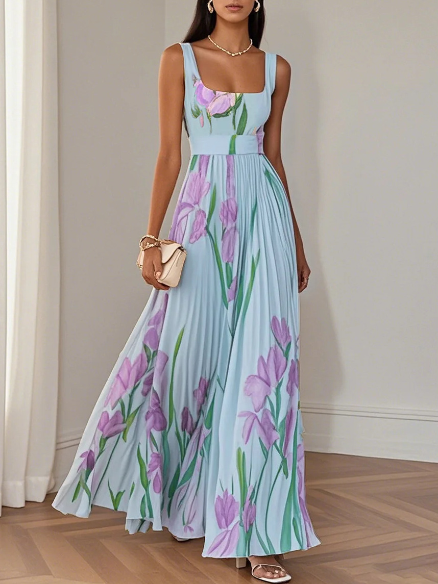 2025 European and American women's suspender digital printing pleated floral long skirt dress