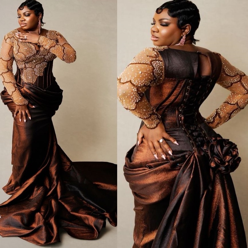 Mermaid Brown Prom Dresses 2025 Crystals Beaded Taffeta Illusion Evening Formal Party Second Birthday Engagement Gowns Plus Size Dress For Special Occ
