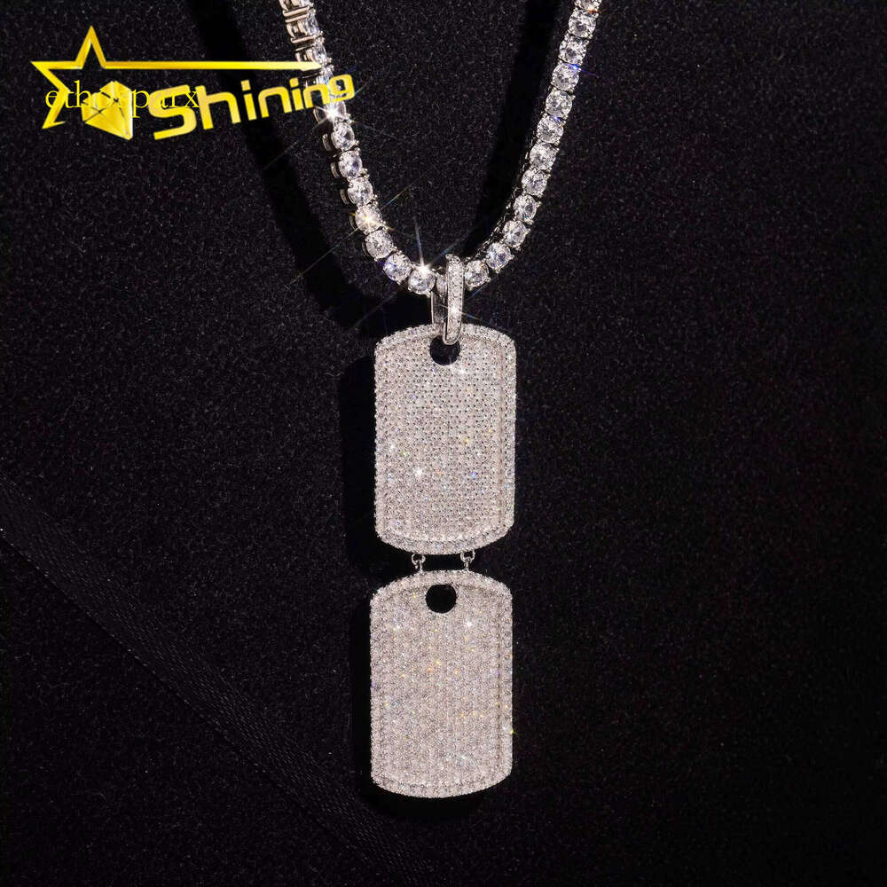 White Gold VVS Moissanite Dia Double Dog Tag Pendant Match 4MM Tennis Chain Necklace