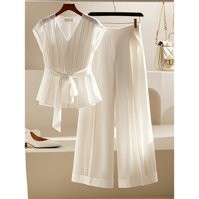 Summer French Elegant White Chiffon 2Piece Set Womens VNeck Lace Up Folds TopHigh Waist Wide Leg Pants Casual Suit 250612