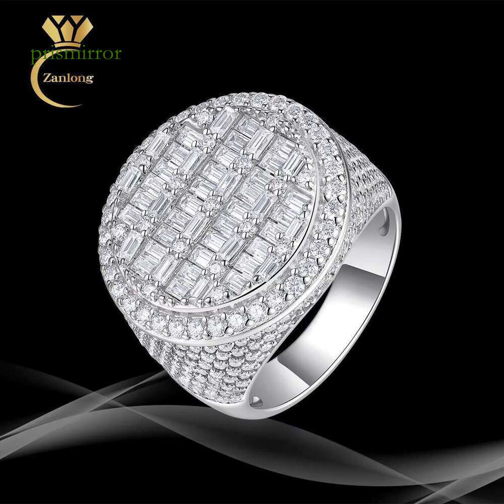 Full ice out long stick bread with sandstone ring S pure silver gold-plated men's hip-hop rapper jewelry
