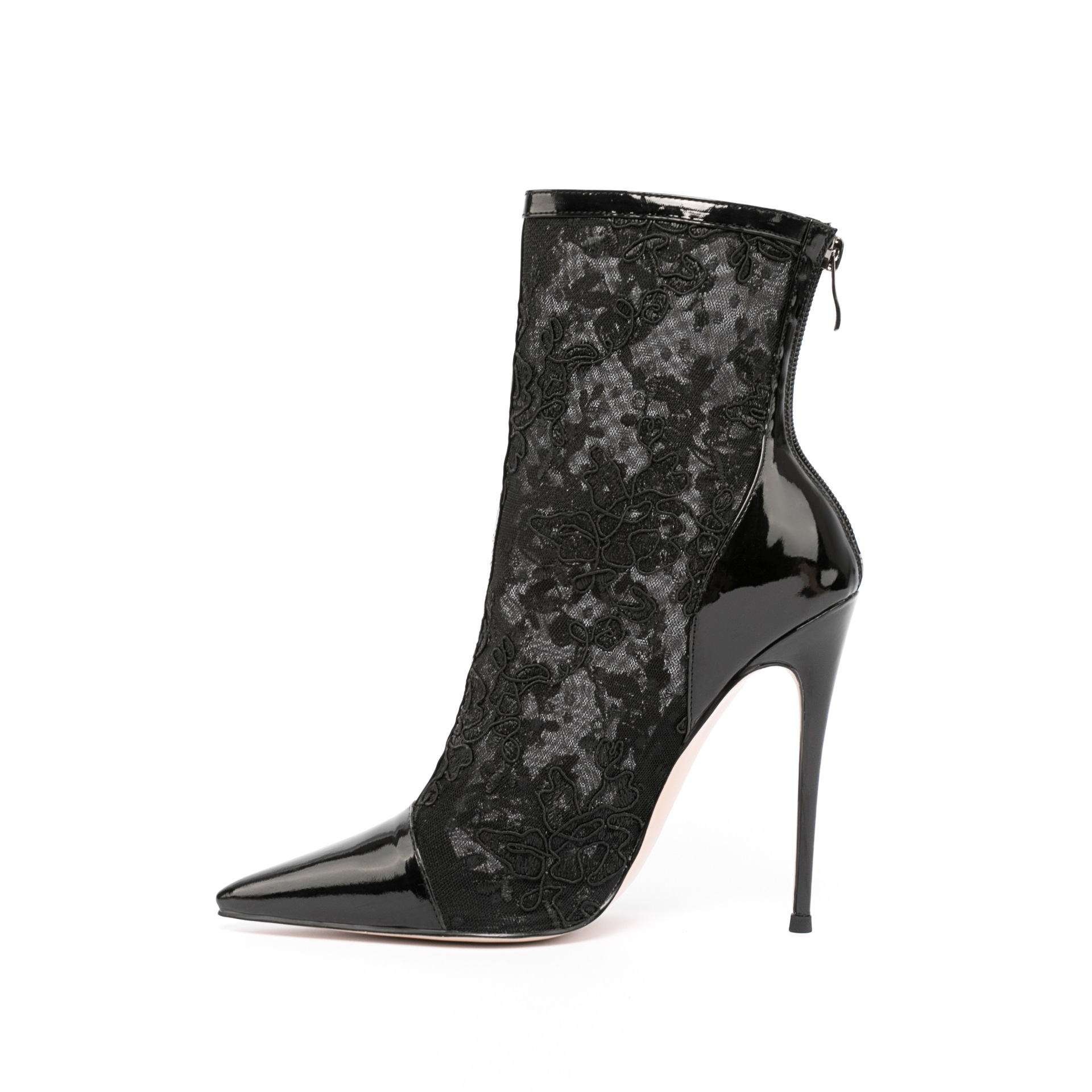 Women's Sheer Mesh and Lace Ankle Boots - Pointed Toe Color-Block Stiletto Heel Peep-Toe Booties, Back Zipper, Cut-Out Design