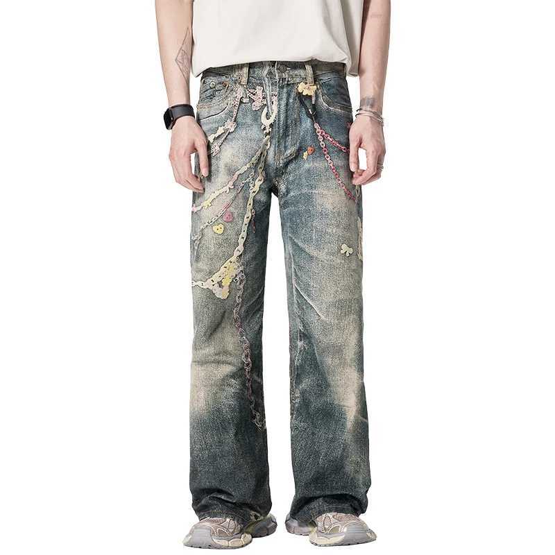 JK9673 American High Street3DDigital Printing Candy Chain Distressed Machete Jeans Mens Straight Casual Pants Trendy Couples W250701 W250701