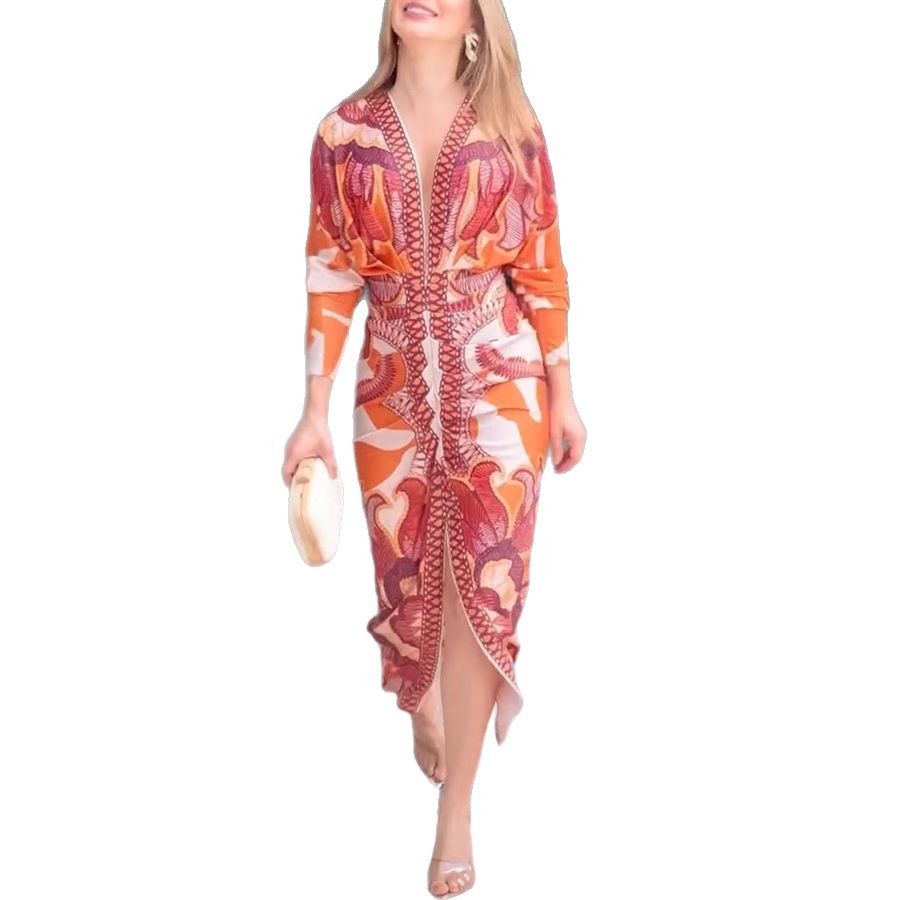 F631European and American foreign trade women's clothing printed sexy V-neck long-sleeved slit dress for women