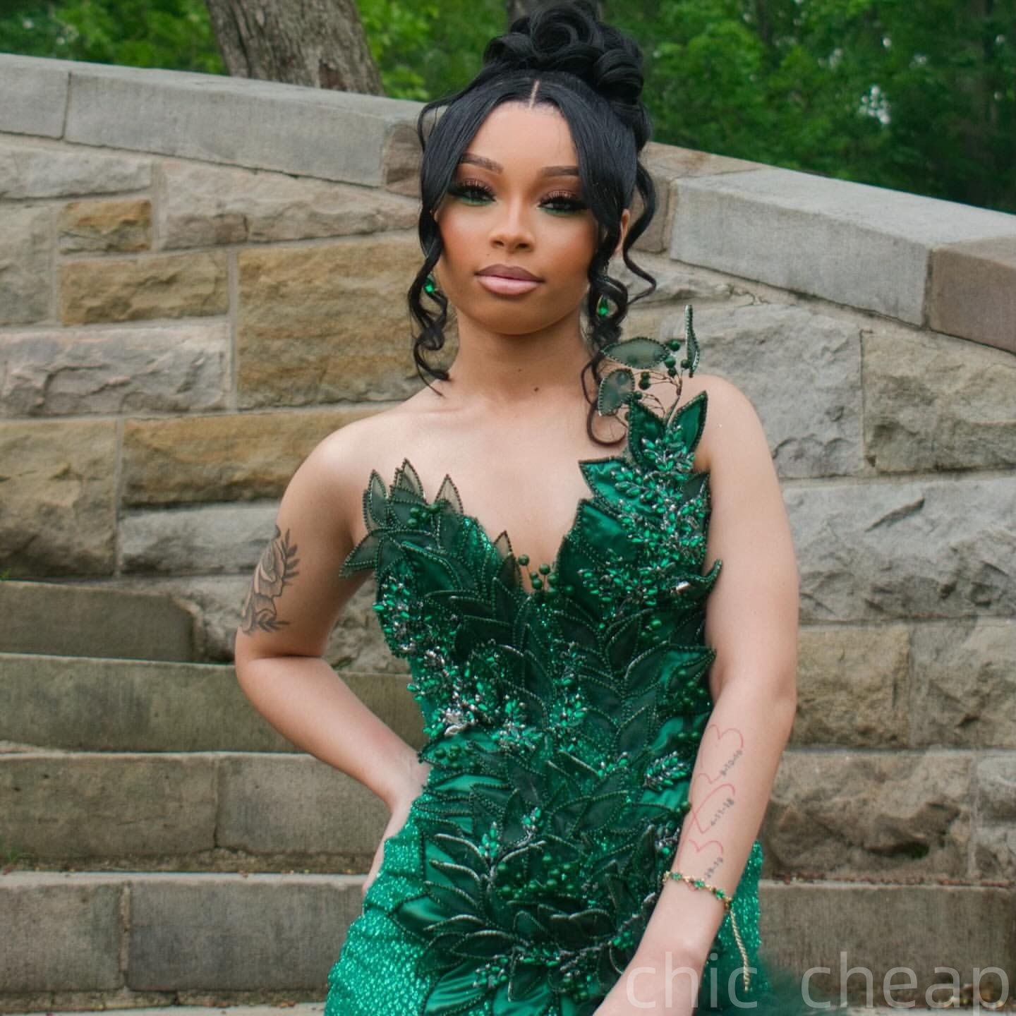 Mermaid Dark Green Prom Dresses 2025 Florals Pearls Tiers High Split Evening Formal Party Second Birthday Engagement Gowns Plus Size Dress For Special