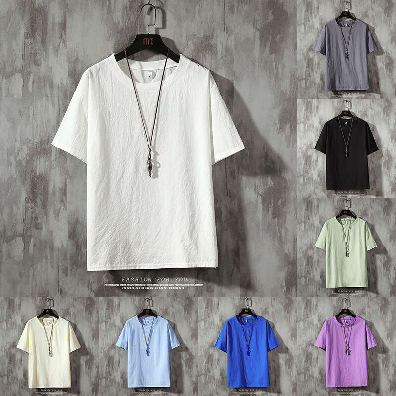 Men's men dress shirt up shirts Summer New Multi-Color Japanese Style Plus Size Loose Cotton Linen Solid Color T-Shirt Men's Casual Round Ne