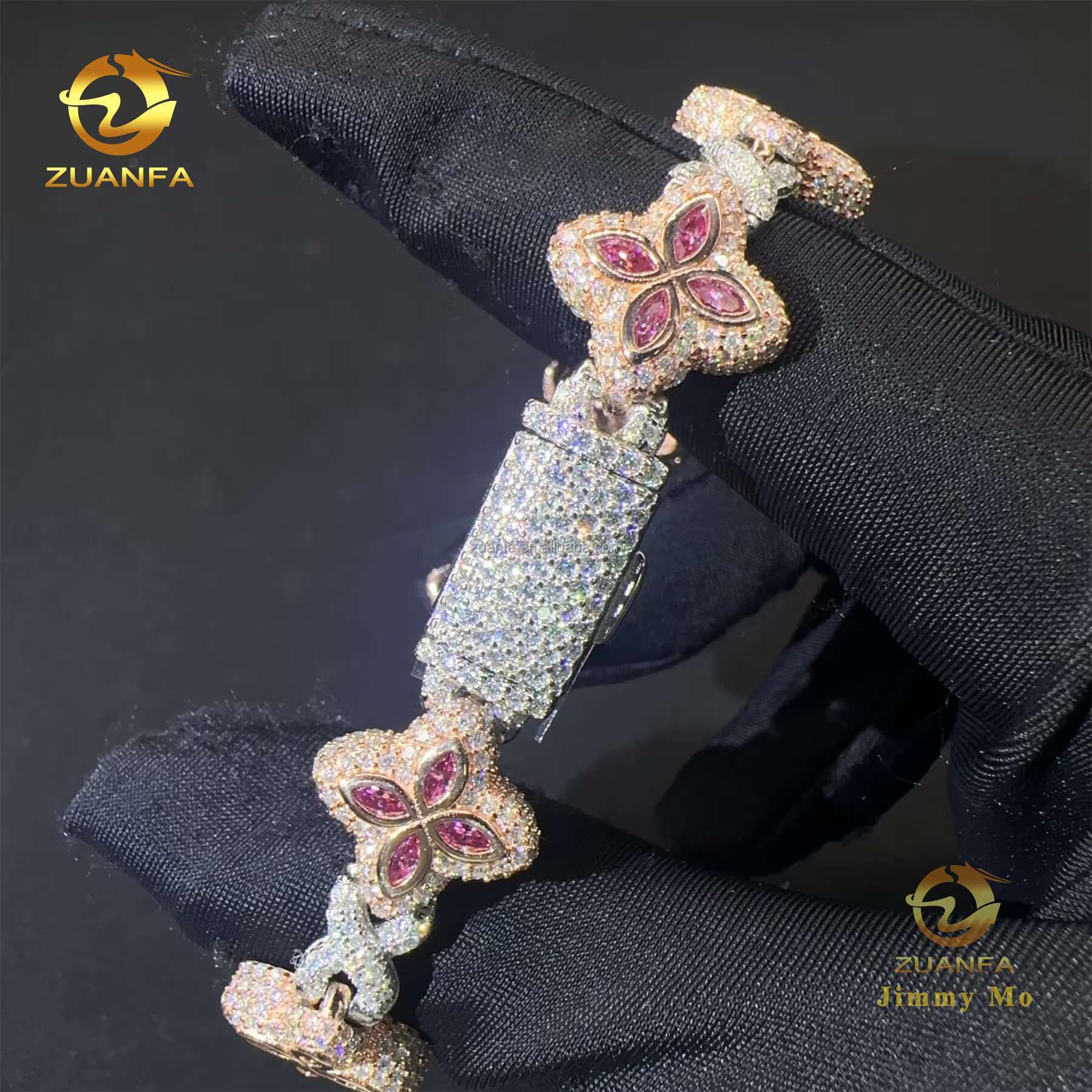 New Design 15mm Marquise Flower Luxury Jewelry Hip Hop Jewelry Iced Out Pink Moissanite Diamond Infinity Cuban Link Bracelet