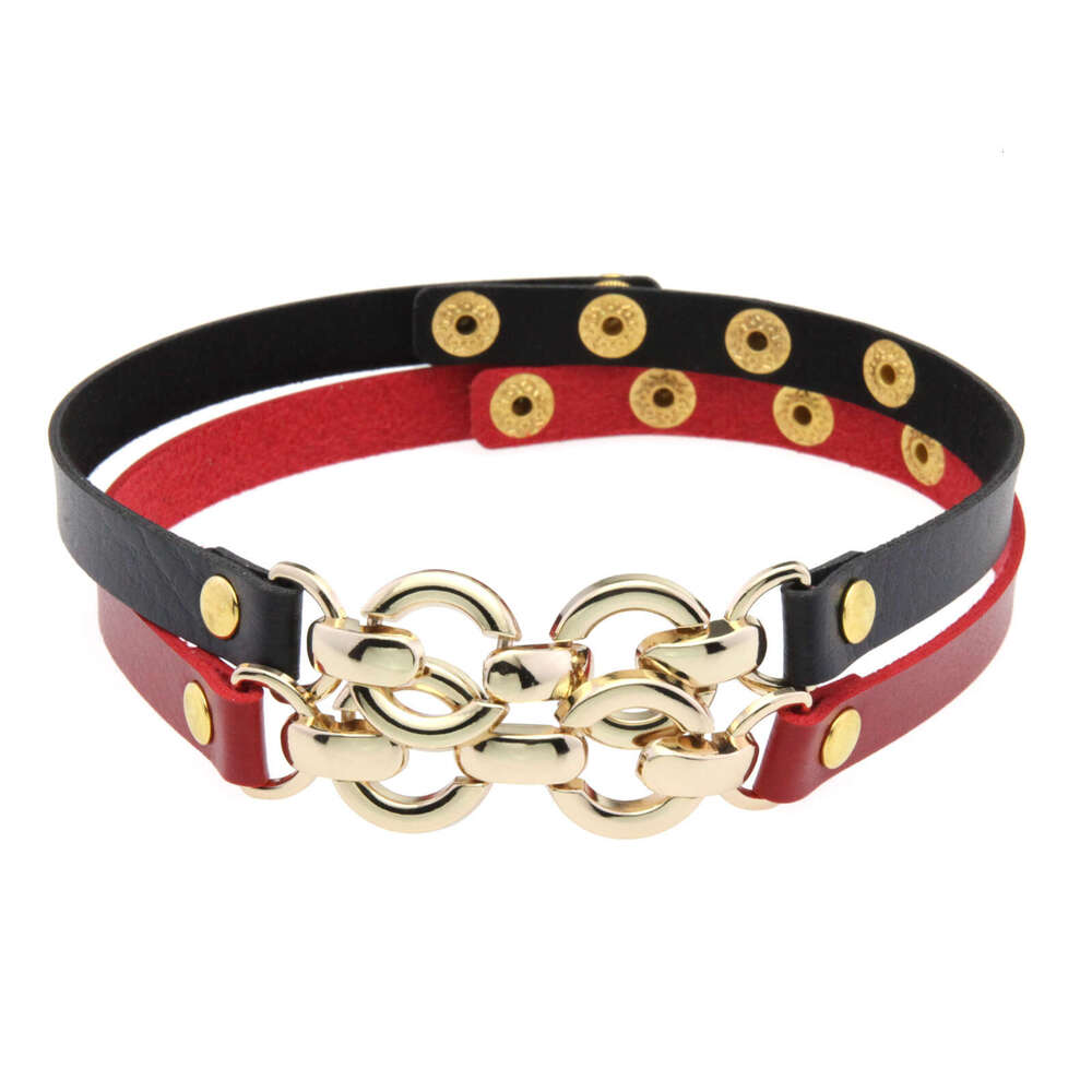DHCollections Adjustable PU Leather Punk Choker Necklace with Bold Gold Metal Rings Gothic Statement Collar for Women and Men