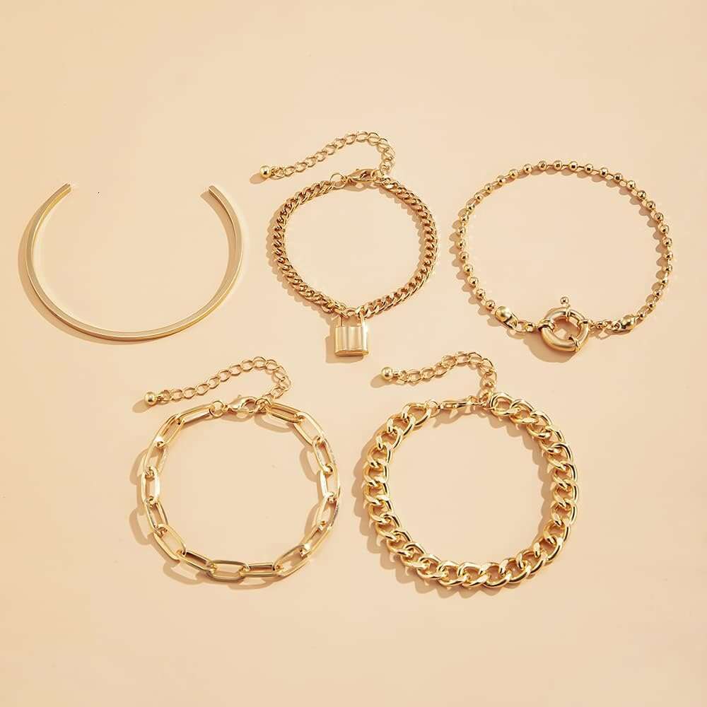 Boho 3 Fashion Dainty Gold Sier Stackable Lock Adjustable Beaded Chunky Flat Cable Chain Punk Bracelets Jewelry for Women Gift Set of 5