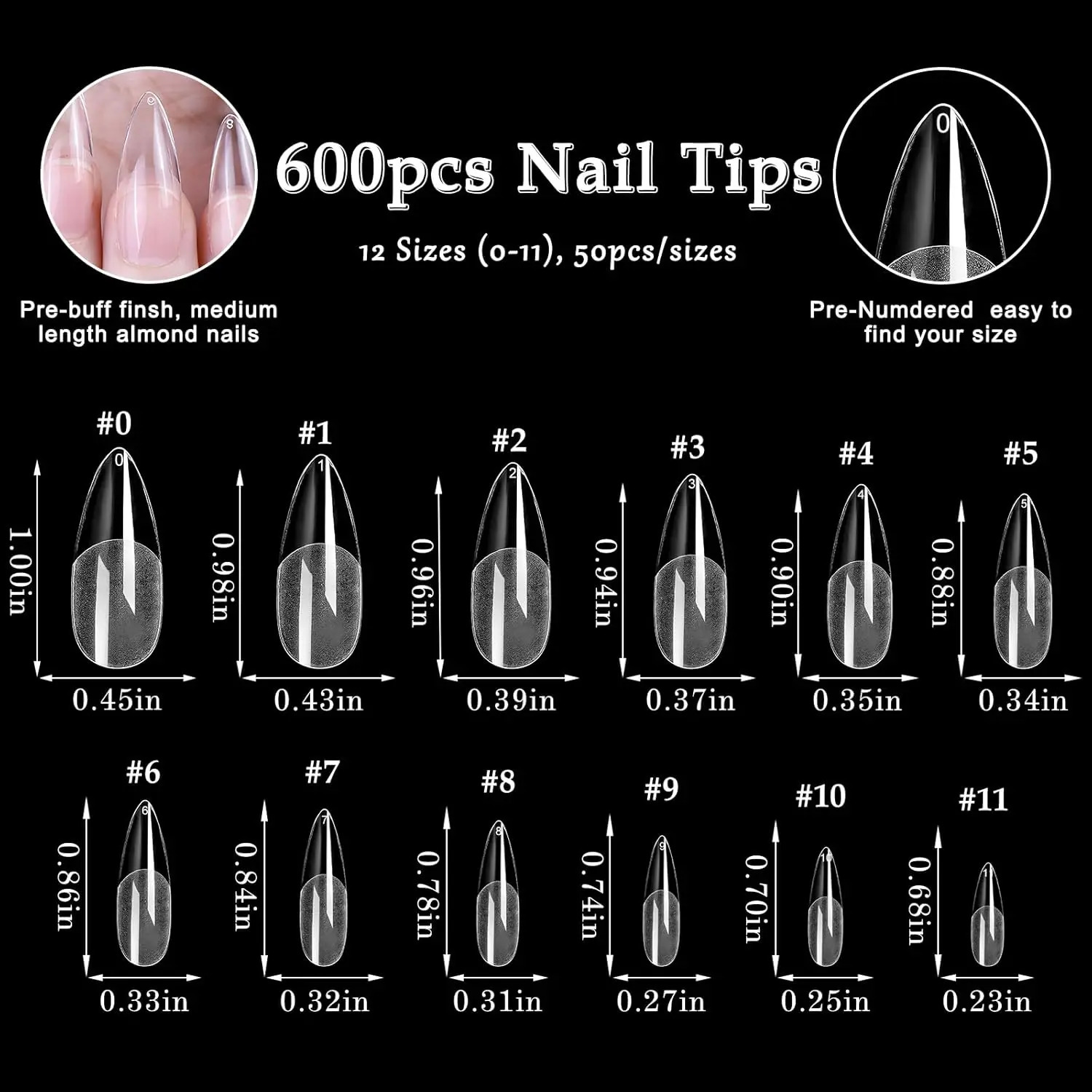 Medium 600pcs Almond Nail Tips Almond X Gel Nail Tips Clear Fake Nails Full Cover Acrylic Nails Tips for Extension Nail 250701