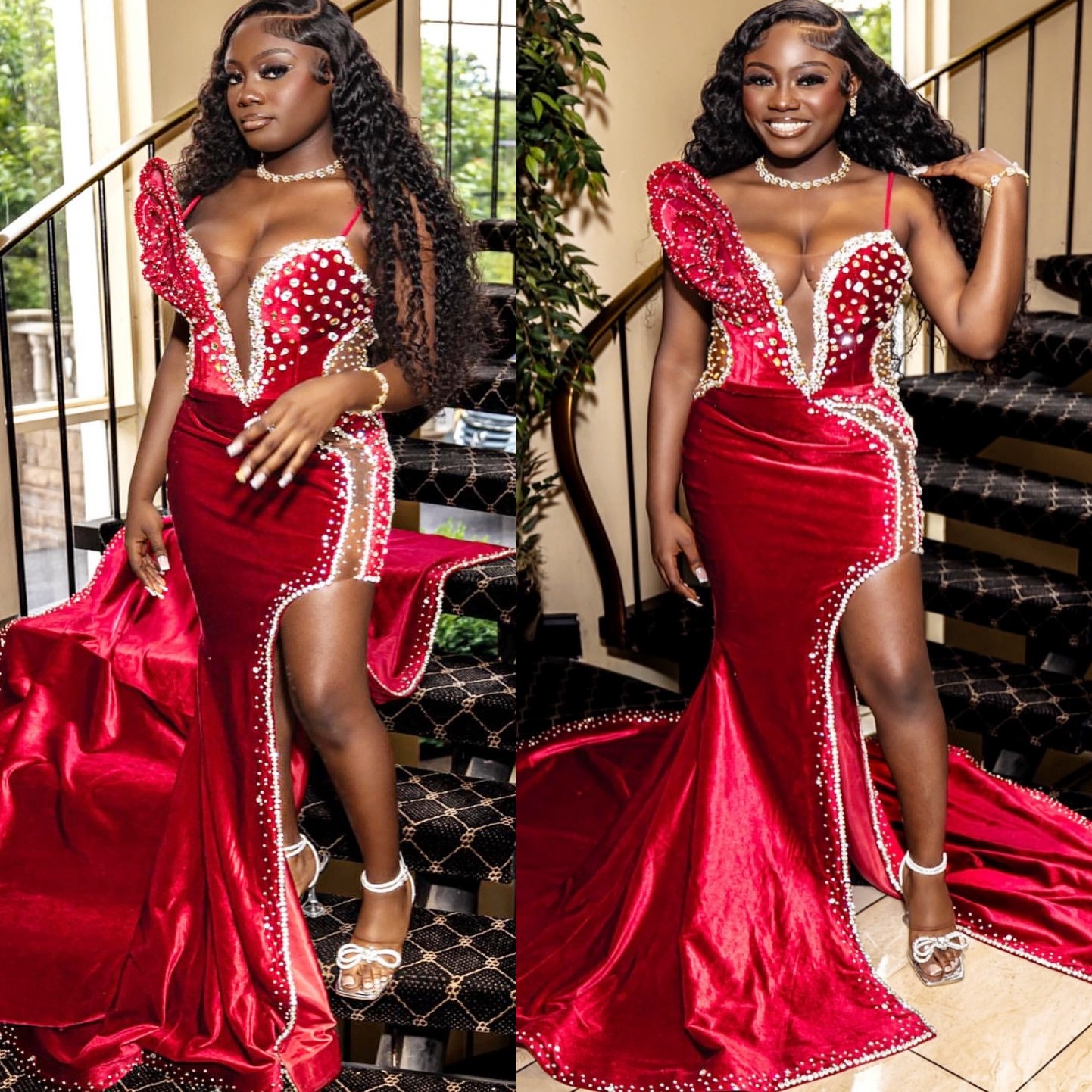 Red Mermaid Prom Dresses 2025 Beaded Crystals Velvet High Split Evening Formal Party Second Birthday Engagement Gowns Plus Size Dress For Special Occa